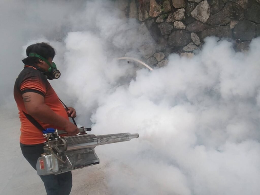 "Pest control technician wearing a gas mask and operating a fogging machine, releasing dense smoke near a stone wall—conducting mosquito or insect fumigation with professional safety gear."