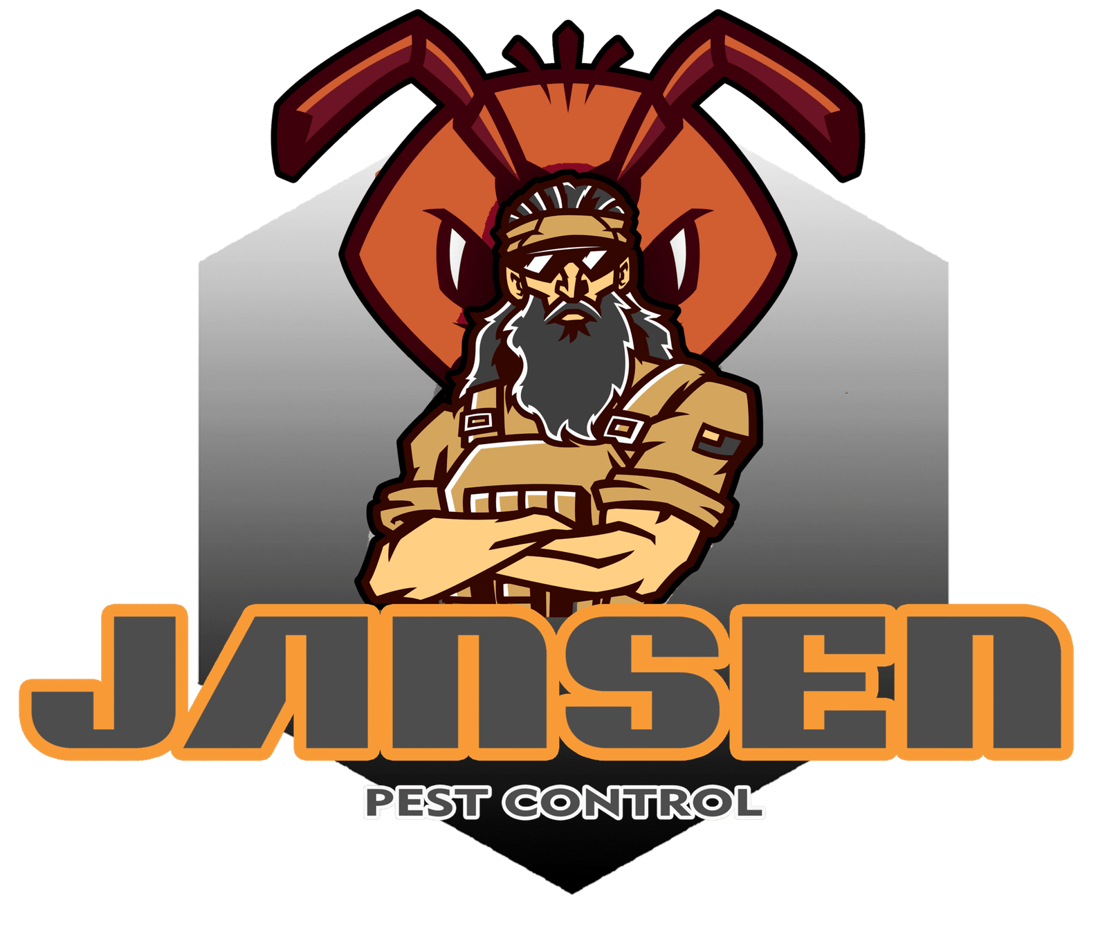 Jansen Pest Control logo featuring a muscular bearded man in overalls with crossed arms, backed by a fierce ant illustration. Includes bold 'JANSEN' text and 'PEST CONTROL' tagline—symbolizing FDA-licensed, eco-safe termite and pest management services in the Philippines